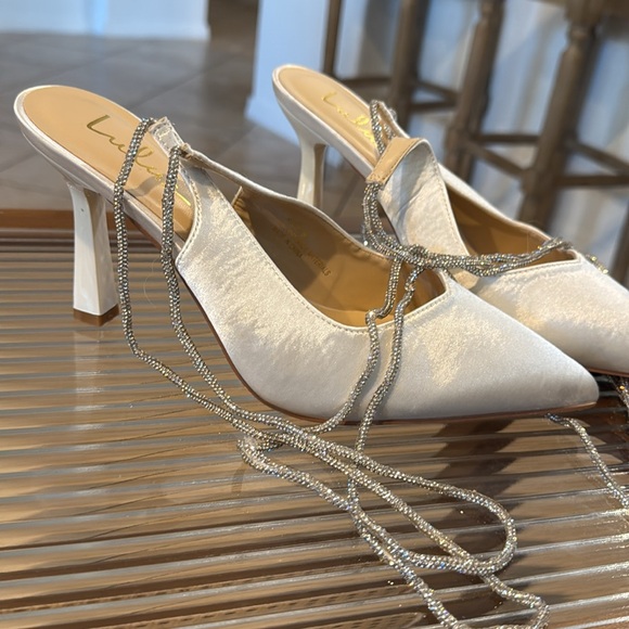 Lulus Finnian White Satin Rhinestone Lace-Up Pointed-Toe Pumps - Picture 6 of 9